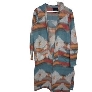 Southwestern Boho Tribal Knit Coatigan Women's L Hooded Long Duster Lightweight